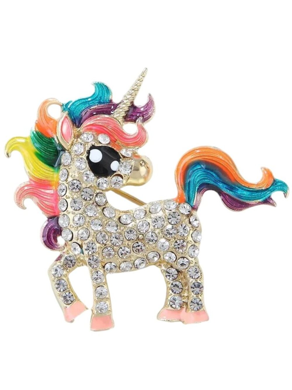Cute Crystal and Colorful Enamel Unicorn Brooch Pin Gole Tone